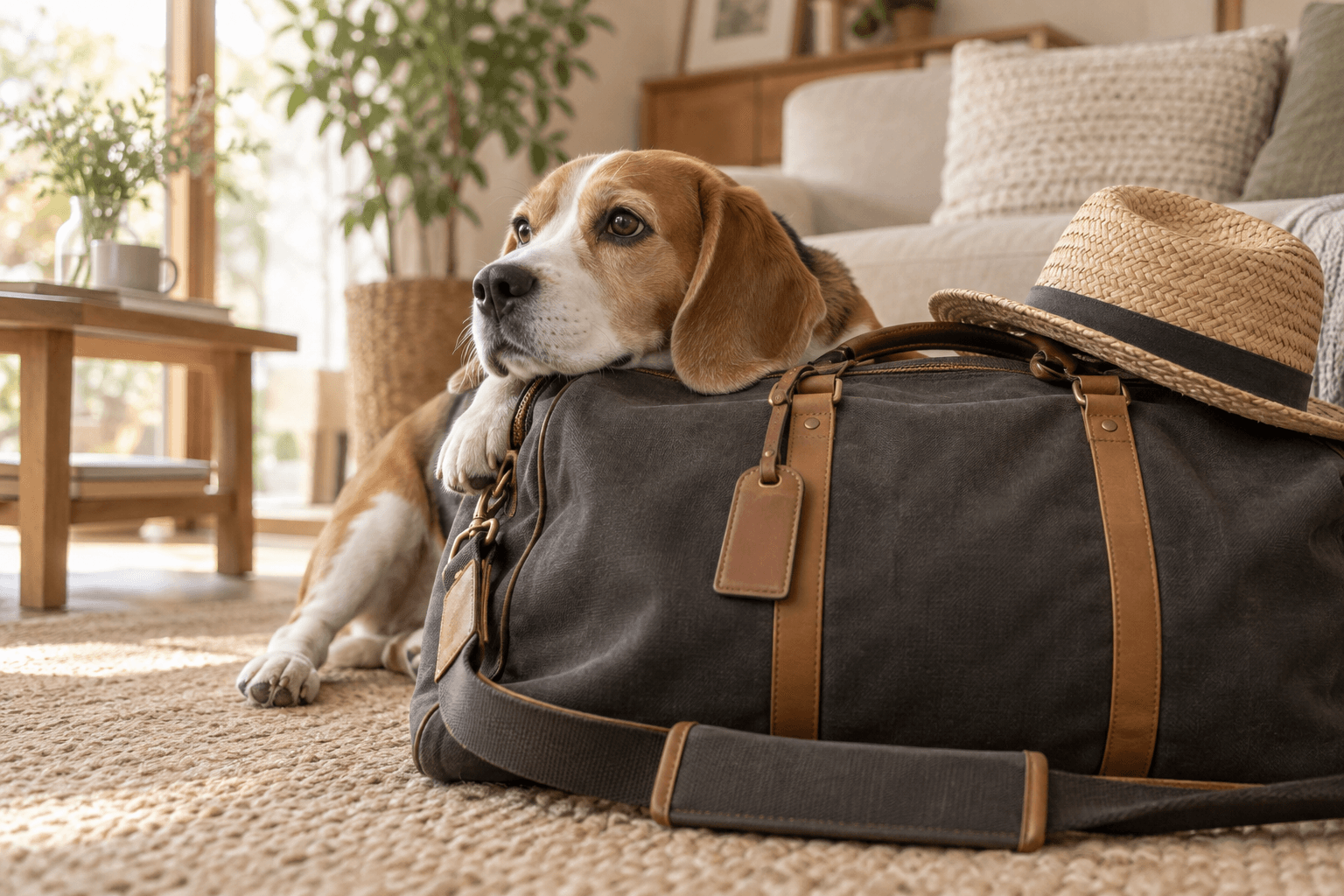 旅行バッグにあごを乗せてくつろぐ犬と麦わら帽子