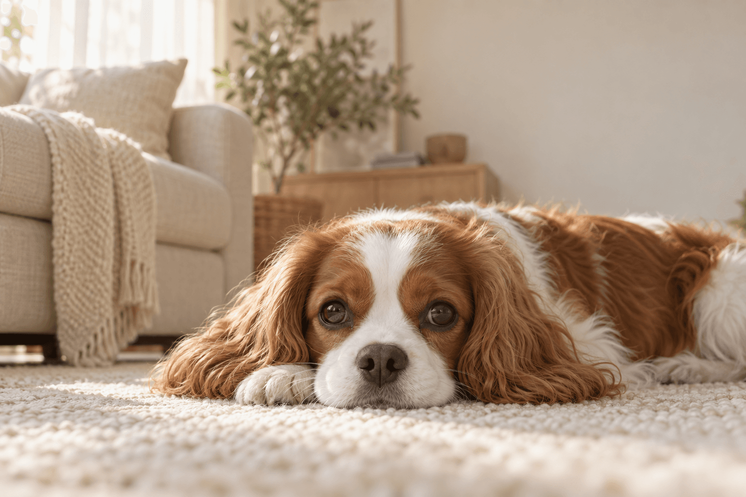 自宅のラグに伏せて、飼い主を待つ犬
