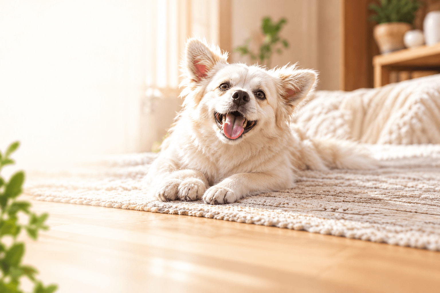 暖かな自然光の部屋でくつろぐ犬