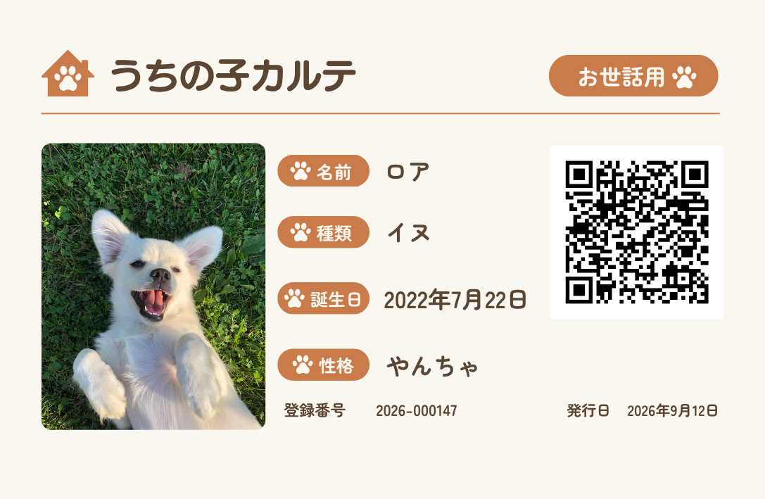 うちの子カルテ お世話用カードの実物見本