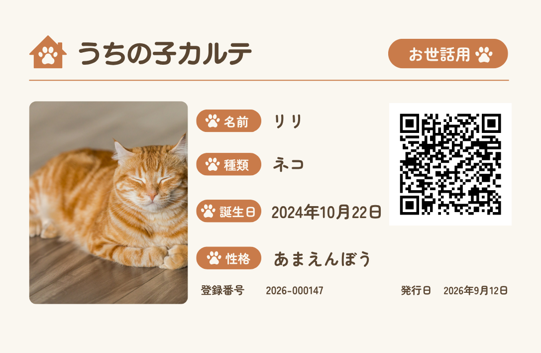 お世話用カードの実物見本。猫のリリの写真とお世話情報を共有するQRコード。