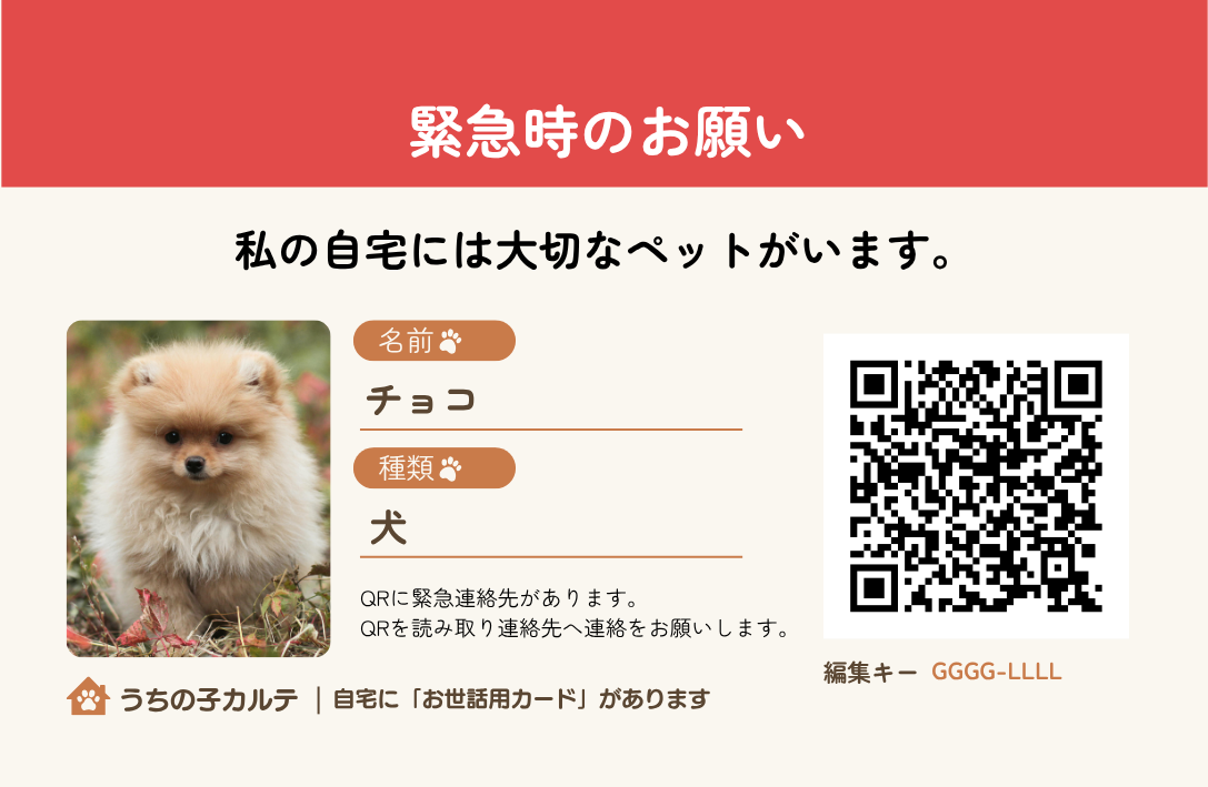 緊急時用カードの実物見本。犬のチョコの写真と緊急連絡先を伝えるQRコード。
